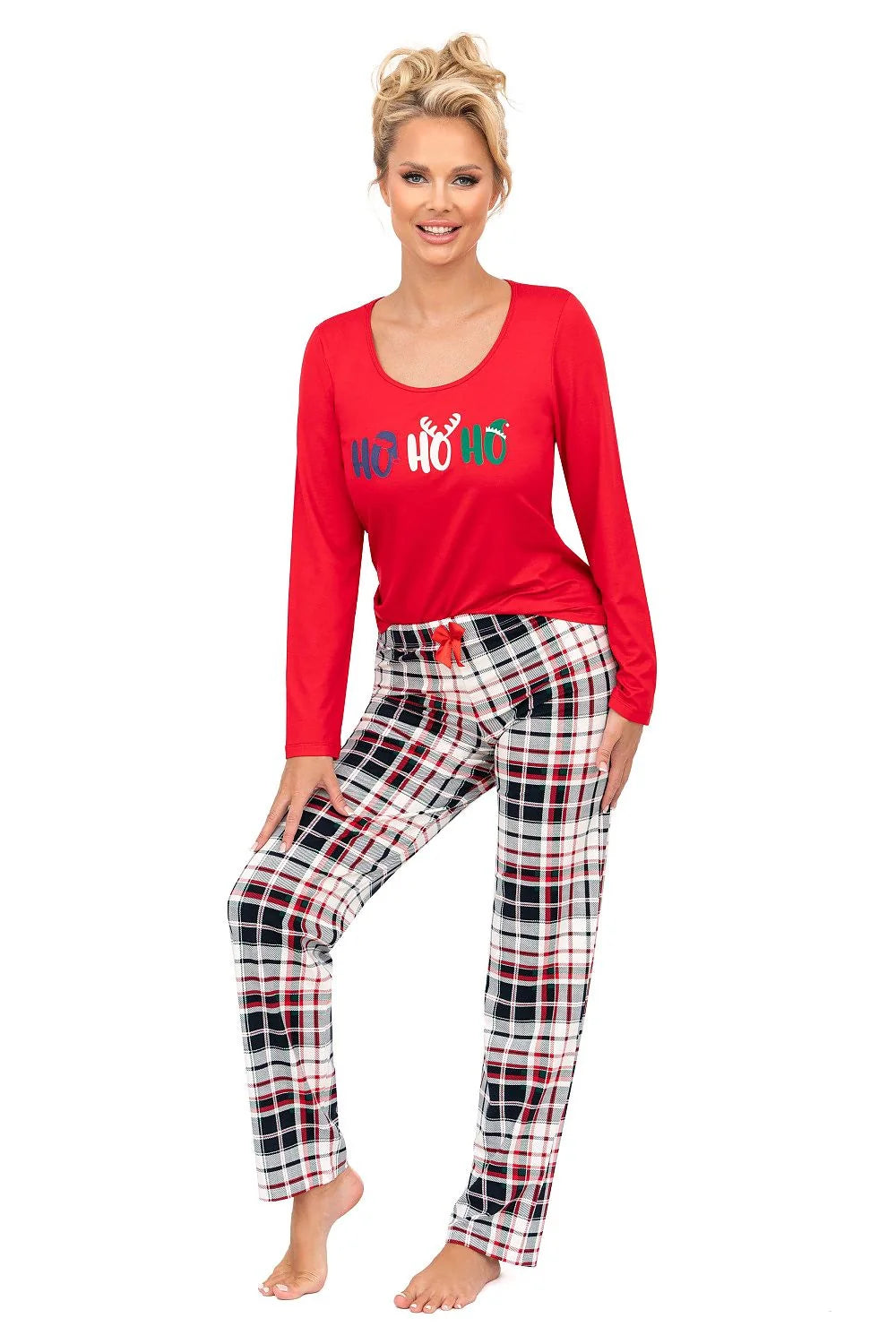 pyjama femme Noël festif imprimé HoHoHo renne rouge carreaux noir blanc manches longues col rond pantalon taille élastique coton doux