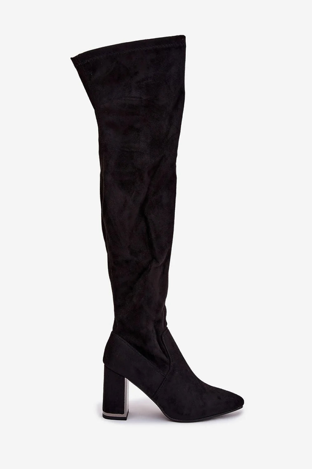 bottes cuissardes femme suédine écologique noir tige haute bout pointu talon bloc insert métal fermeture éclair doublure molletonnée