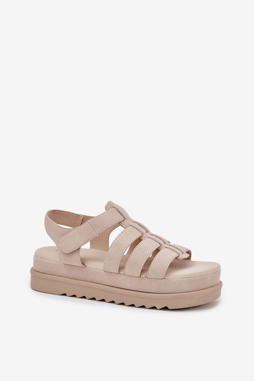 sandales femme écodaim beige plateforme 5cm compensée crantée brides multiples velcro réglable semelle intérieure rembourrée maintien coutures apparentes casual chic
