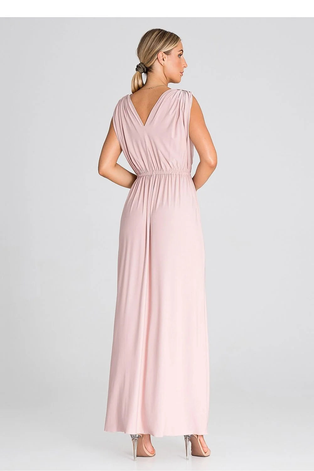 robe longue élégante sans manches col V rose poudré plissée taille cintrée jersey stretch fluide jupe ample fente centrale cérémonie