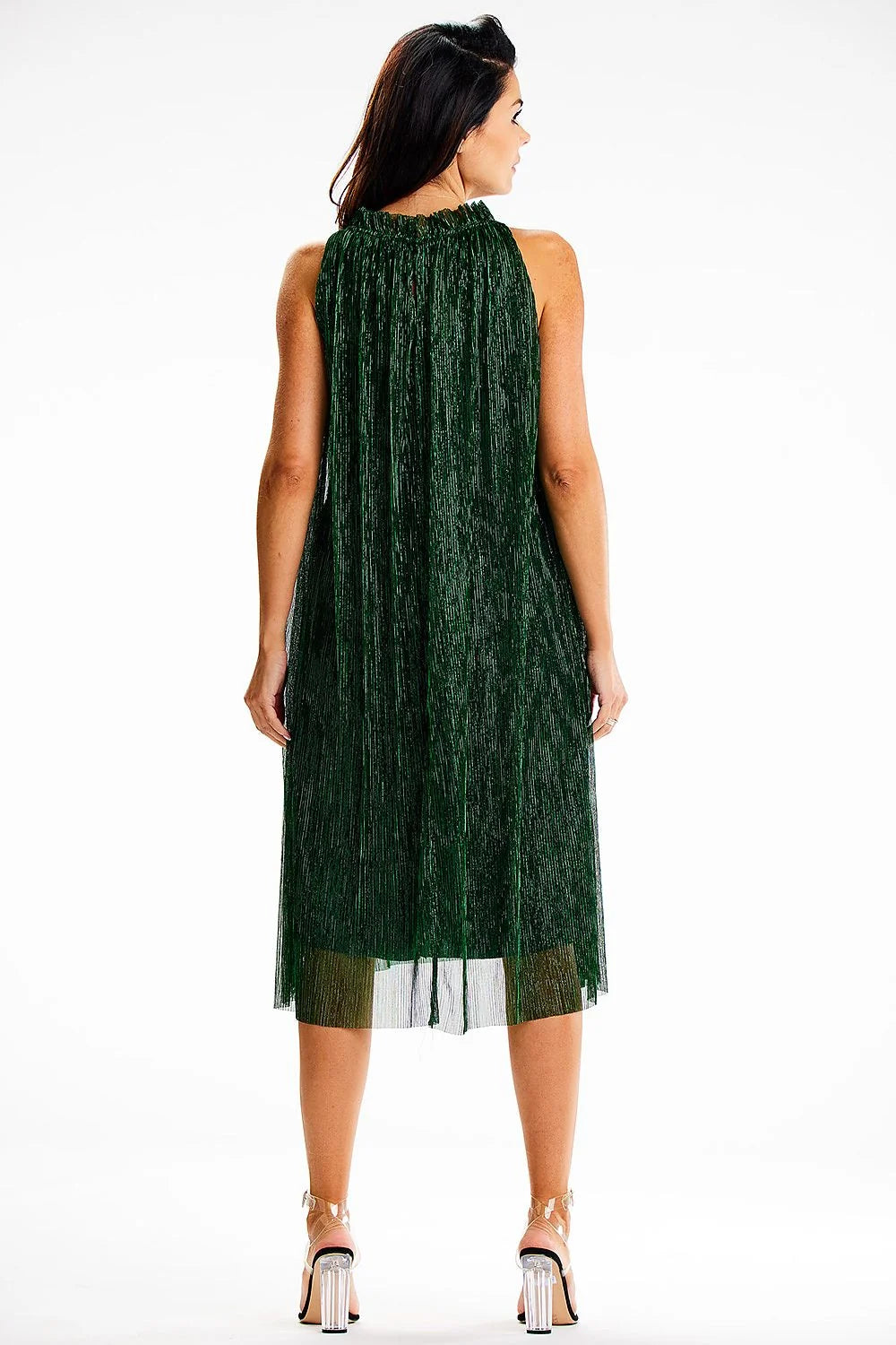 robe soirée midi plissée vert émeraude sans manches col montant trapèze fluide métallisé doublure satin ceinture satinée asymétrique