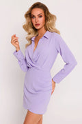 Robe de jour élégante en crêpe couleur lavande manches longues boutons argentés taille ajustable femme