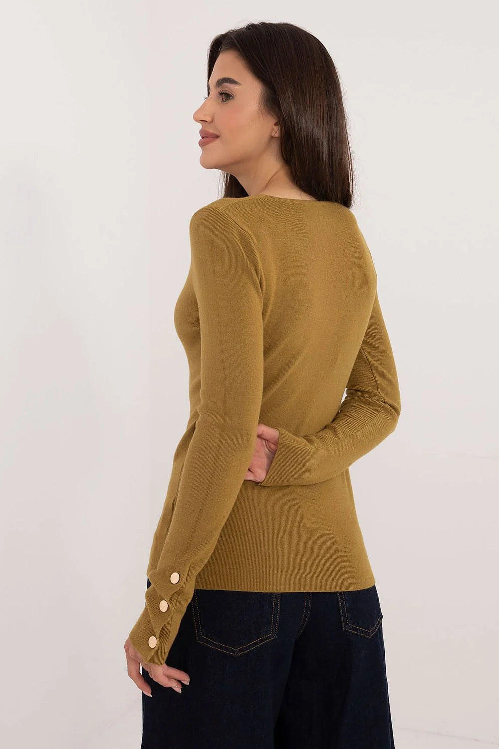 Pull pour femme décontracté manches longues encolure V boutons décoratifs viscose polyamide polyester couleur moutarde