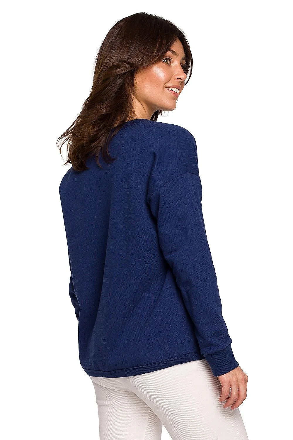 Sweatshirt femme coton coupe ample rose col V manches longues confortable style décontracté élégant
