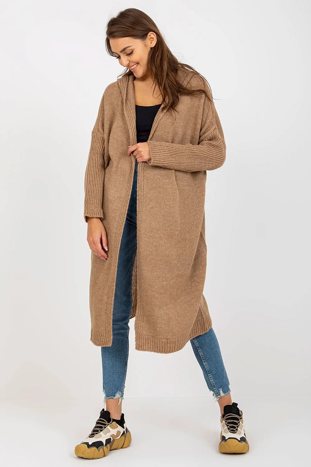 Cardigan long pour femme style moderne décontracté manches longues capuche couleur verte acrylique polyamide viscose laine taille universelle