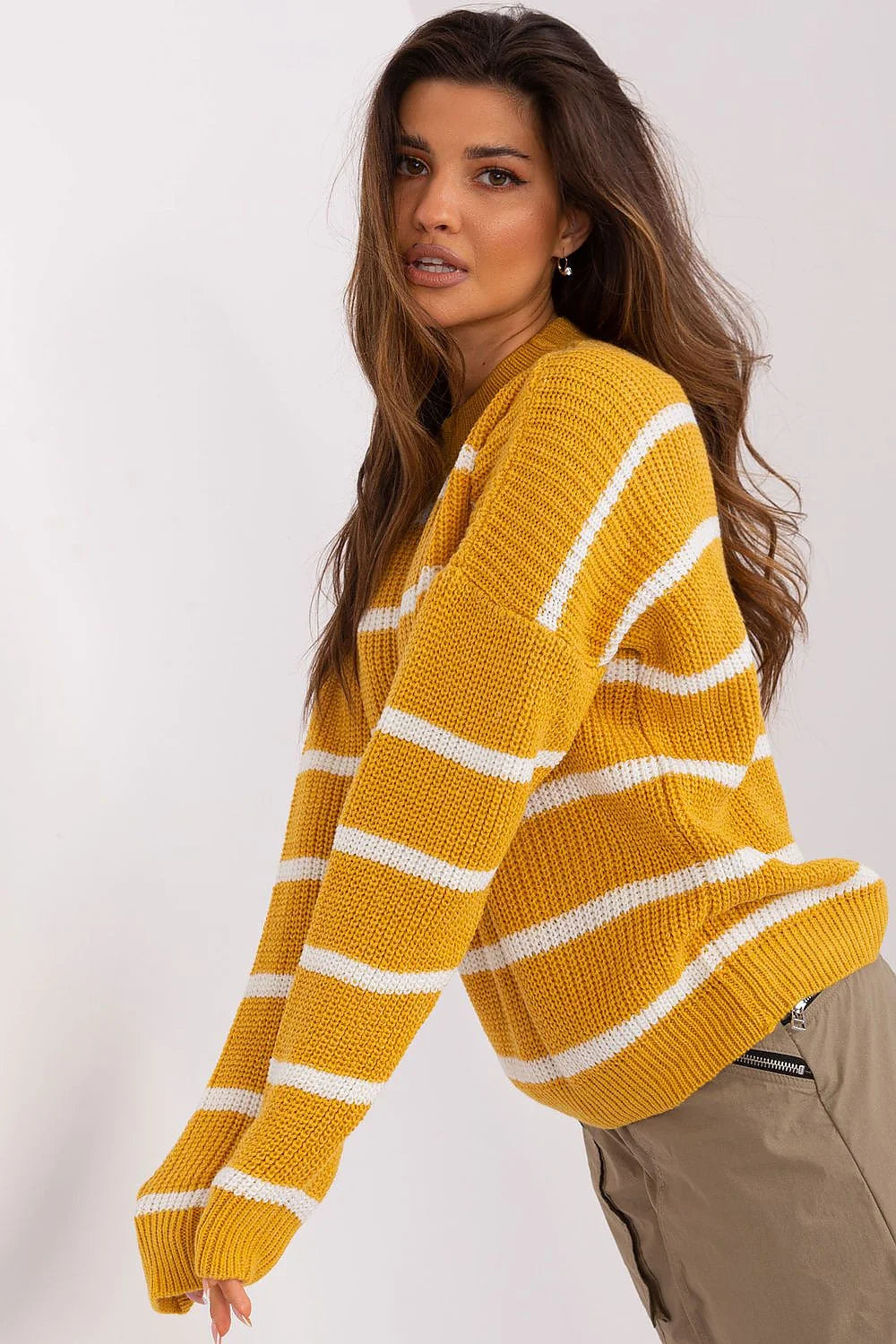 Pull rayures horizontales femme Chandail Badu acrylique doux manches longues encolure ronde style polyvalent jaune moutarde et blanc