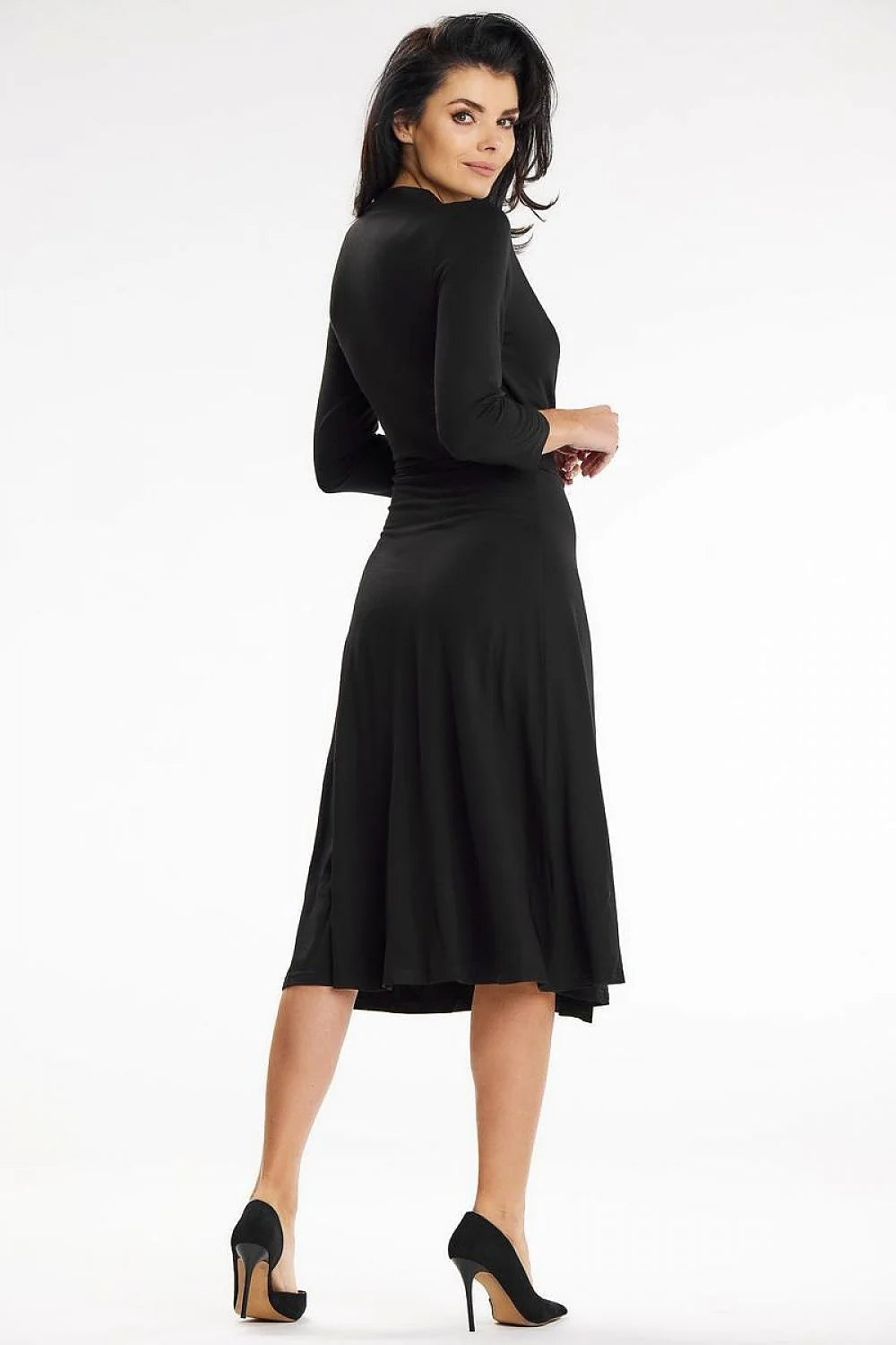 Robe de jour élégante portefeuille noir ceinture à nouer manches 3/4 coupe ajustée longueur midi femme