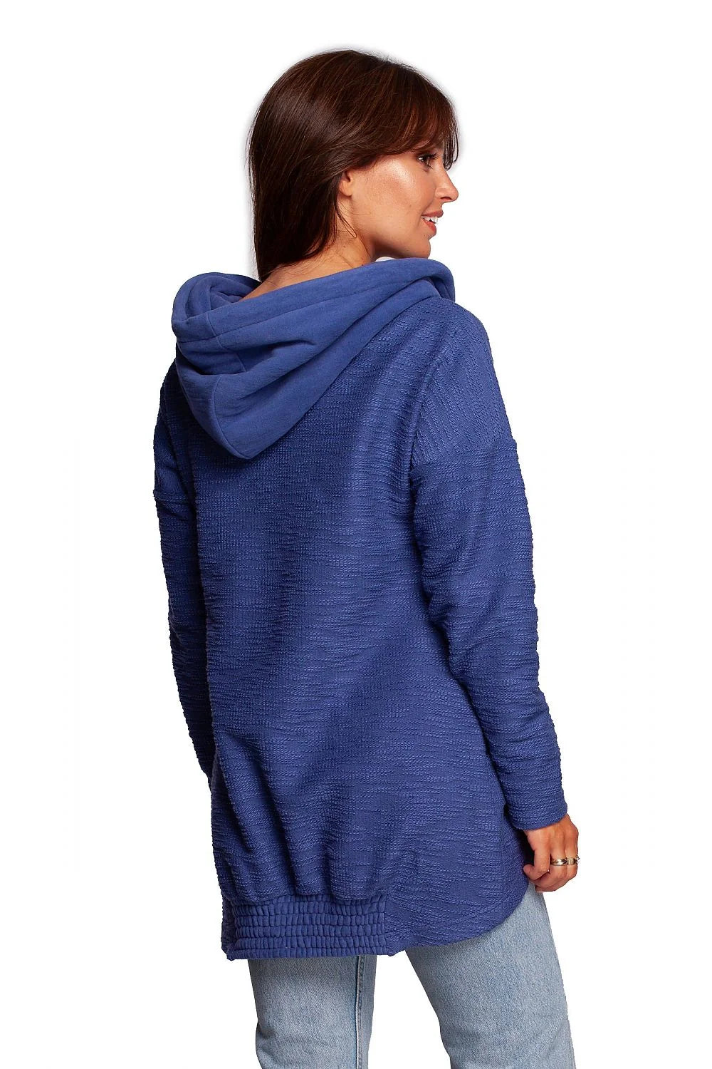 sweatshirt oversize femme crème coton doux confortable coupe ample tunique asymétrique col cheminée cordons pastilles marron poches latérales manches longues