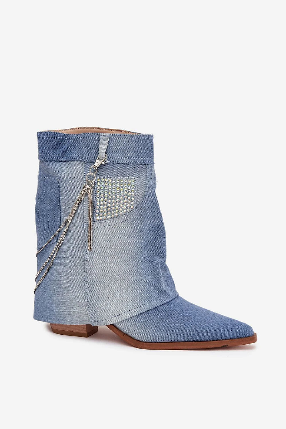 bottines denim bleu pointu talon pilier stable tige mimollet froncée revers chaîne argentée détachable pampille strass bohème chic féminin tendance