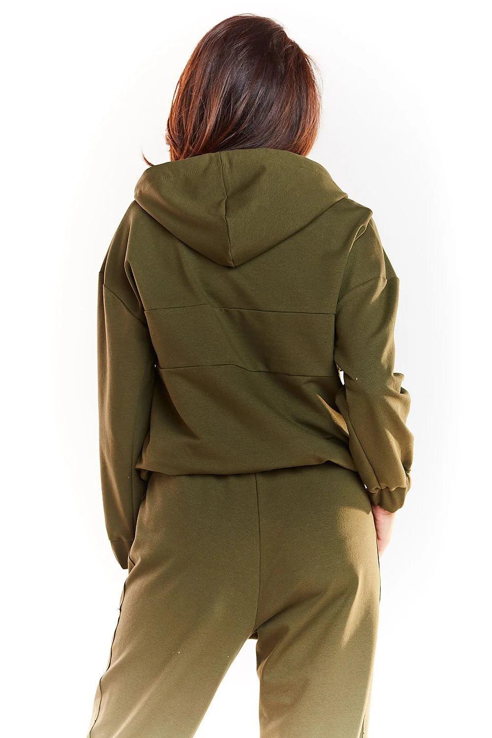 Sweatshirt femme coton doux style décontracté vert kaki capuche confortable bande brillante sportive moderne
