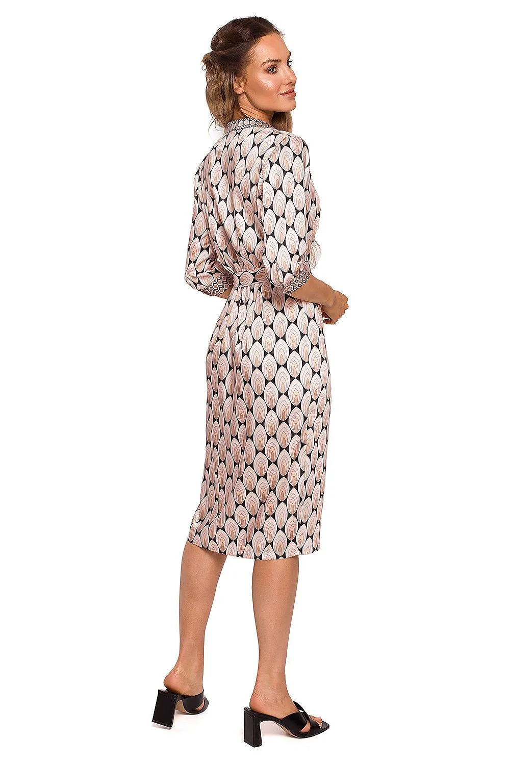 Robe mi-longue polyester élégante motifs géométriques ceinture à nouer décolleté en V femme chic