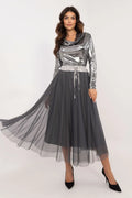 Robe longue moderne élégante robe femme haut métallisé argenté jupe large tulle transparent taille ajustable occasion formelle