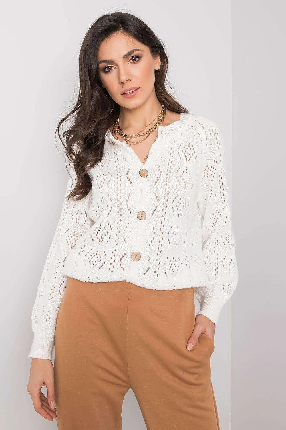 Cardigan femme en tricot ajouré blanc élégant décontracté manches longues mi-saison doux confortable