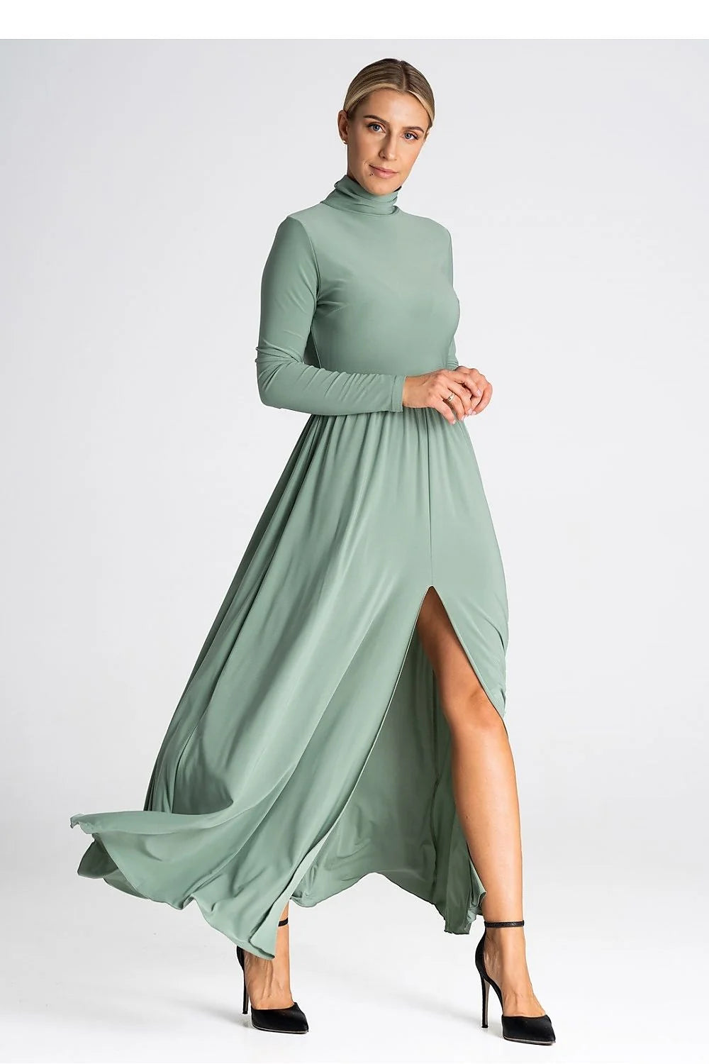 Robe de jour longue col roulé manches longues fendue taille élastiquée matière douce couleur verte femme