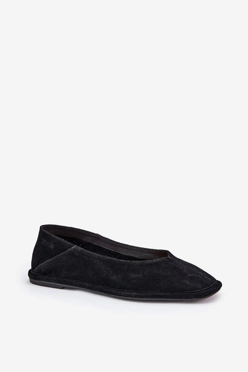 ballerines femmes élégantes daim naturel noir plates confortables minimalistes chic bout carré arrondi empeigne basse semelle fine chaînette métallique polyvalentes