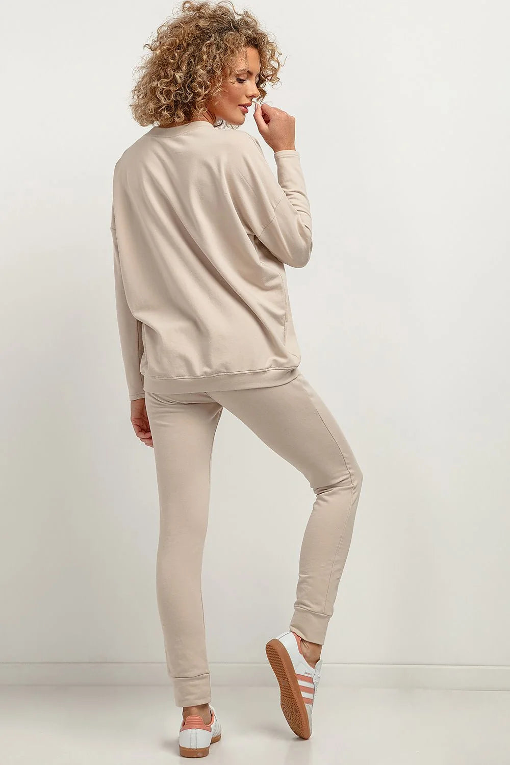 Pantalon survêtement Tessita ensemble décontracté coton polyester coupe slim femmes beige élastique taille ajustable manches longues sweat
