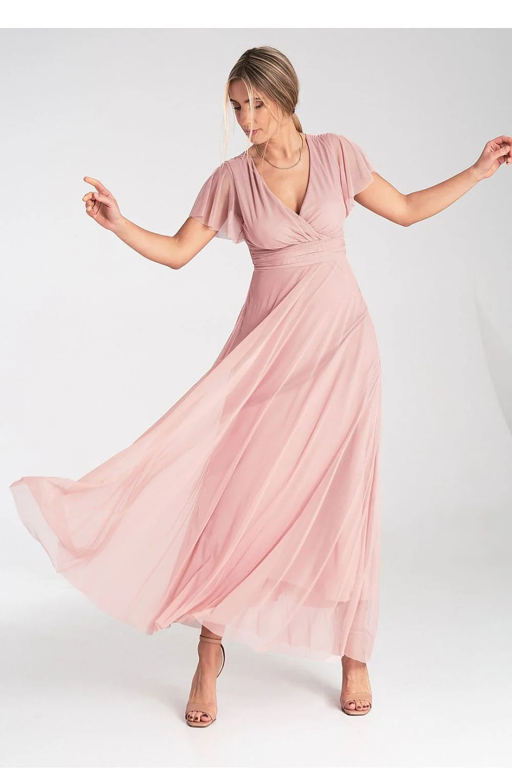Robe longue élégante style romantique couleur rose poudré tissu léger taille empire souplesse femme