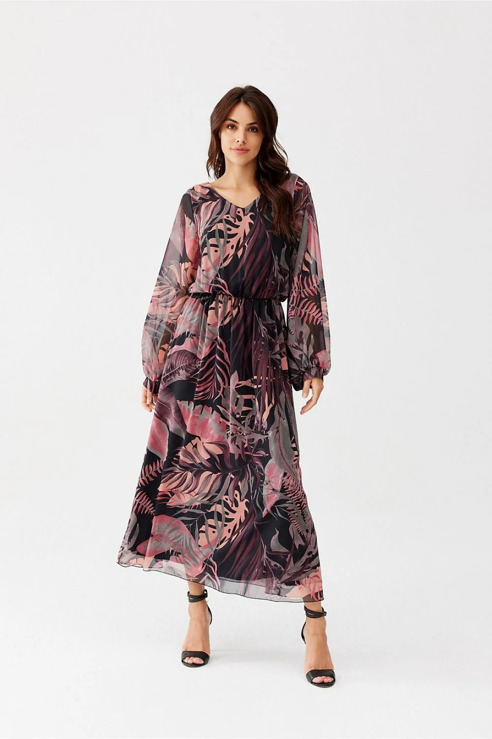 Robe Ariela longue mousseline de soie motifs tropicaux manches longues en V taille ajustable femme
