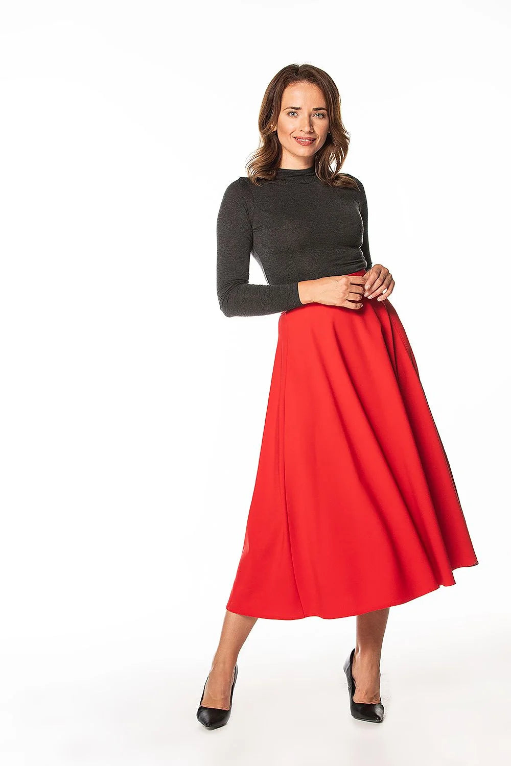 Jupe Tessita élégante mi-mollet rouge vif fente côté droit polyester élasthanne taille haute femme