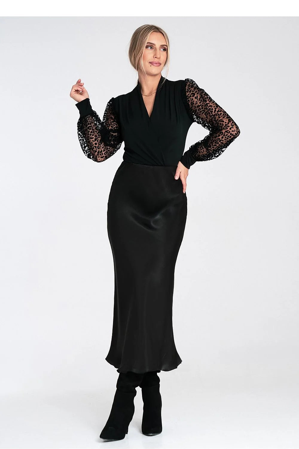Robe de soirée élégante longue manches longues en tulle noir pois slim fit femme