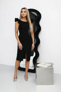 Robe de cocktail élégante noire ajustée volants décolleté dos fermeture éclair fente avant femme