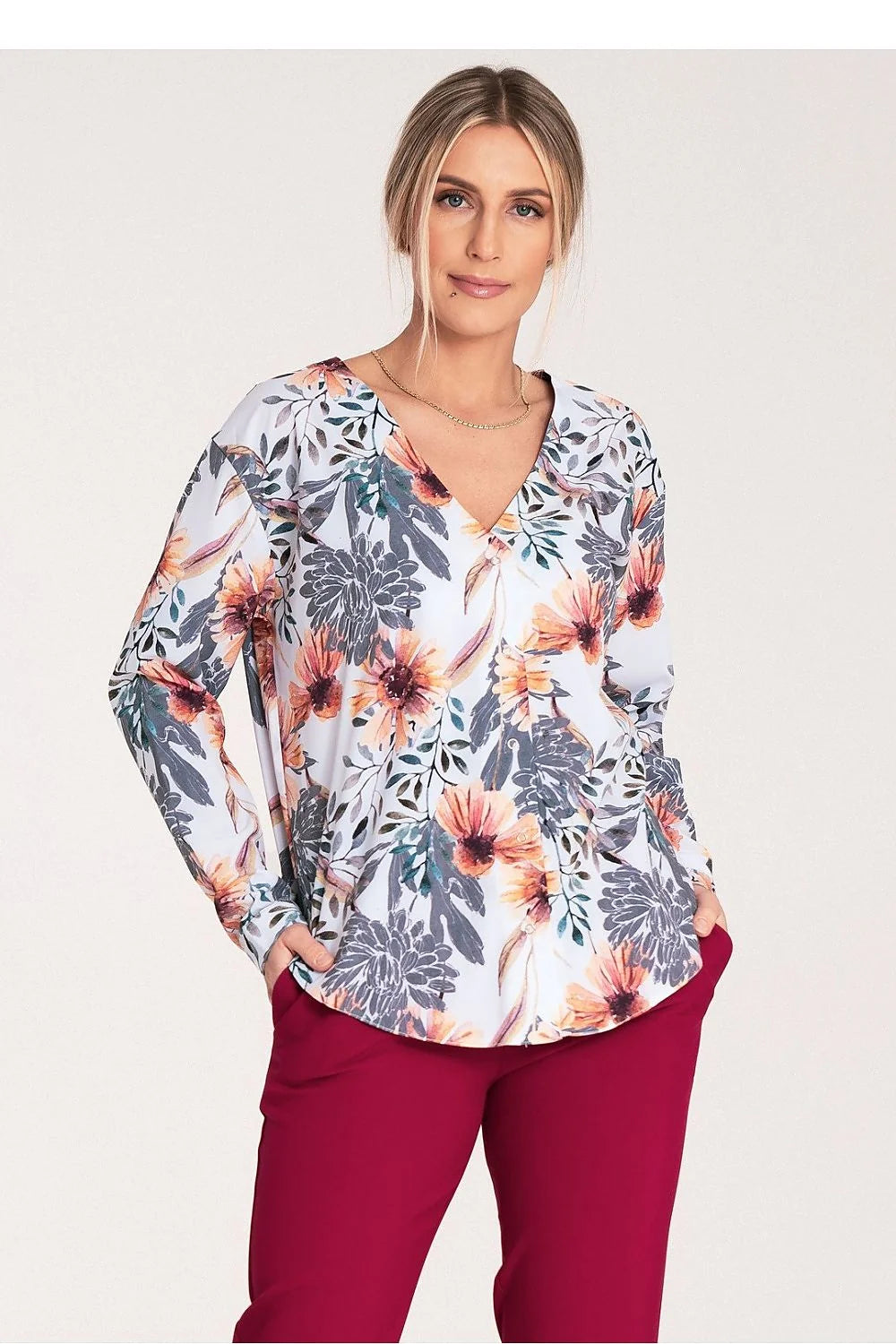 chemise femme moderne fleurie manches longues col V elasthanne polyester fluide coupe loose evasee motif corail pourpre vert