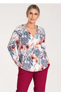 chemise femme moderne fleurie manches longues col V elasthanne polyester fluide coupe loose evasee motif corail pourpre vert