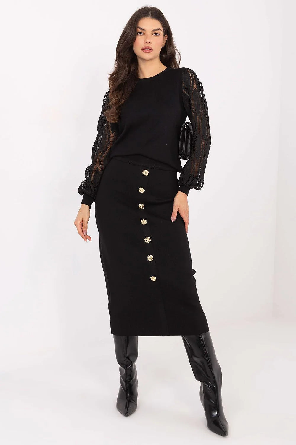 pull femme noir maille col rond manches longues bouffantes ajourées dentelle crochet corps ajusté poignets côtelés viscose polyester