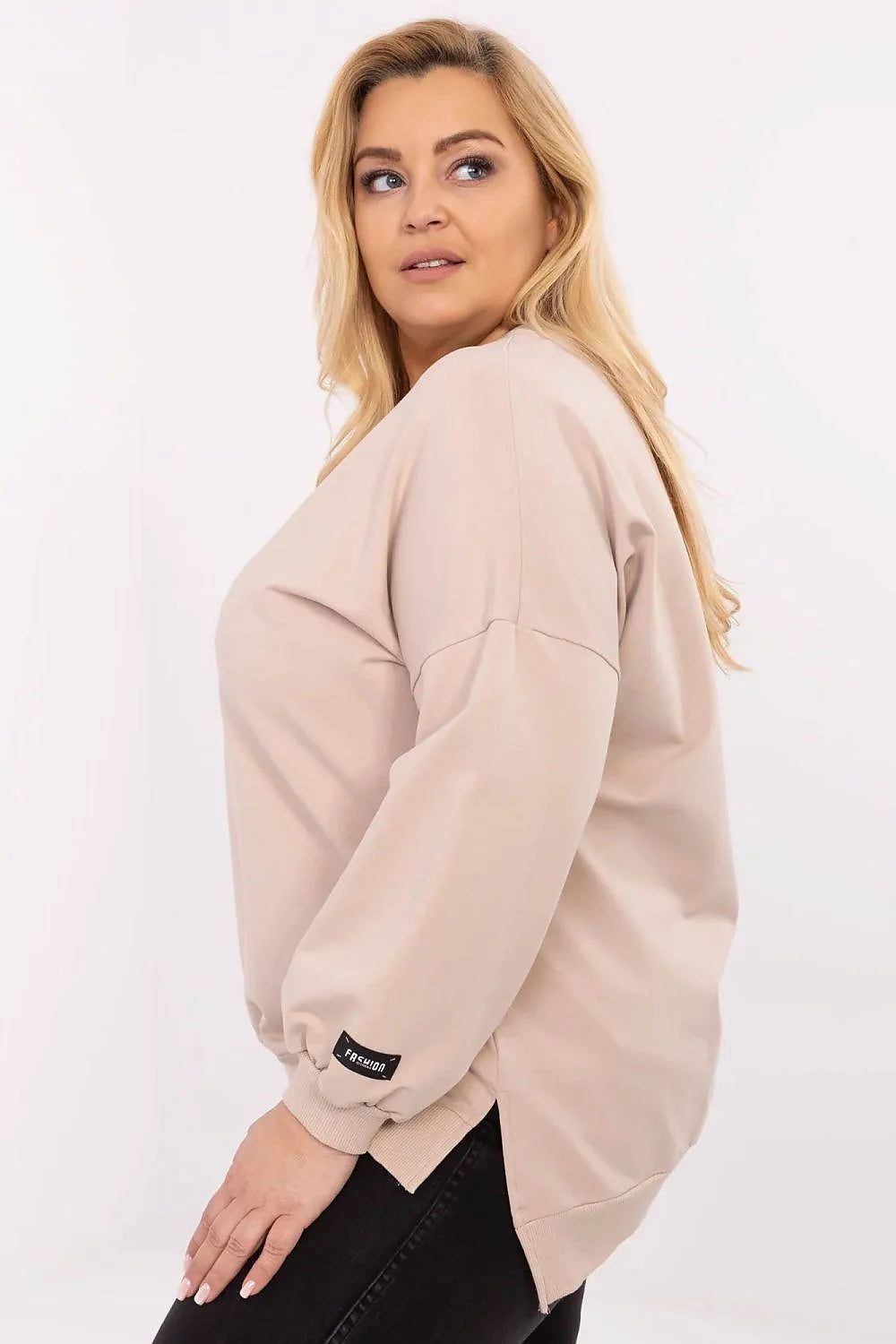 sweatshirt femme grande taille oversize col rond manches longues épaules tombantes fentes latérales beige molleton doux coton extensible