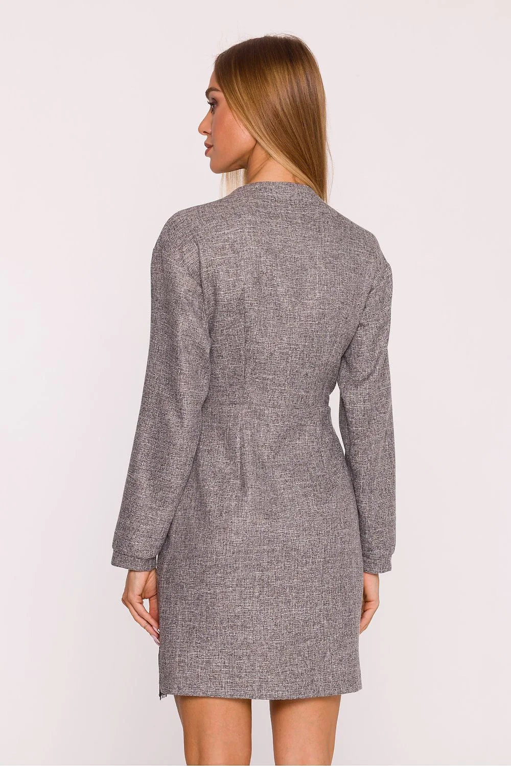 robe blazer courte femme tweed chiné gris col V profond manches longues taille cintrée bouton doré ourlet dentelle noire chic