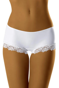 shorty wolbar dentelle florale microfibre blanc ajusté femme taille basse boyshort couvrant finitions plates élastique lisse romantique confortable