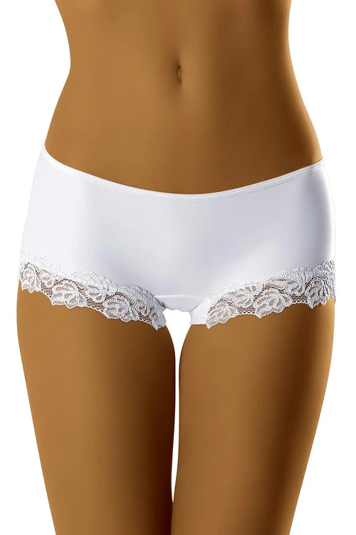shorty wolbar dentelle florale microfibre blanc ajusté femme taille basse boyshort couvrant finitions plates élastique lisse romantique confortable