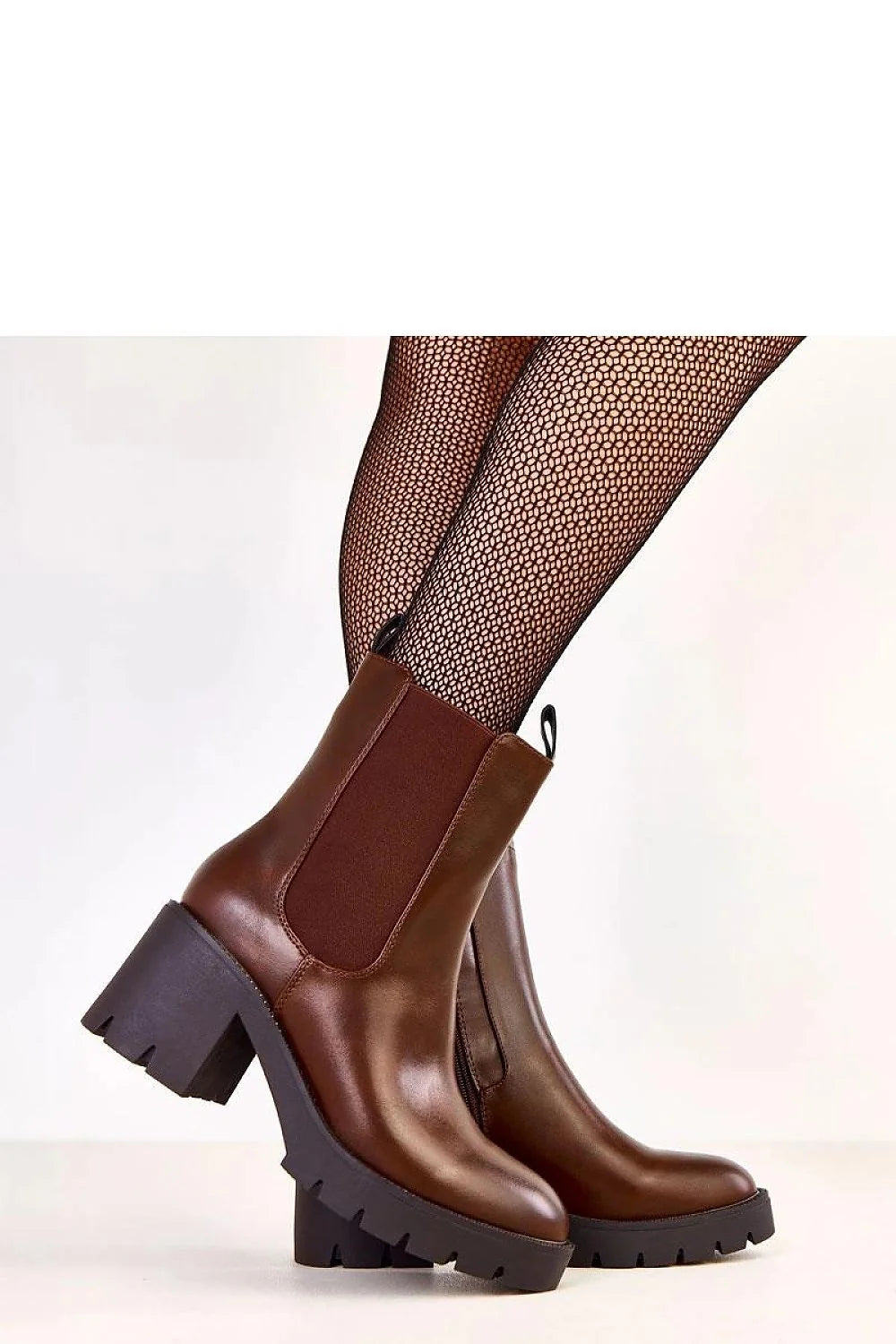 bottines femme cuir synthétique marron chocolat chelsea mi mollet empiècements élastiques latéraux zip intérieur talon bloc sept centimetres
