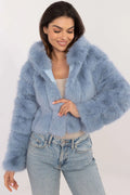 Manteau court femme style moderne élégant fourrure synthétique bleu pastel manches longues col volumineux sans doublure saison automne-hiver