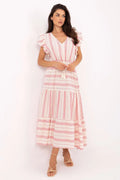 Robe bohème chic longue manches courtes tissu coton naturel coloris rose pâle et blanc cassé occasion été femme