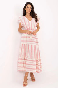 Robe bohème chic longue manches courtes tissu coton naturel coloris rose pâle et blanc cassé occasion été femme