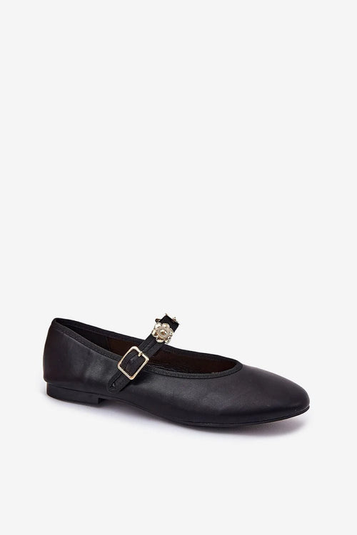Ballerines Mary Jane élégantes en simili cuir noir, bride dorée, confortable, design classique femme