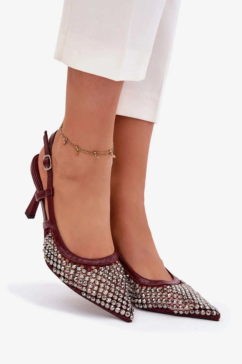 escarpins femme slingback bordeaux brillant bout pointu mesh strass argentés talon aiguille réglable boucle empeigne galbée maintien élégant rock clous