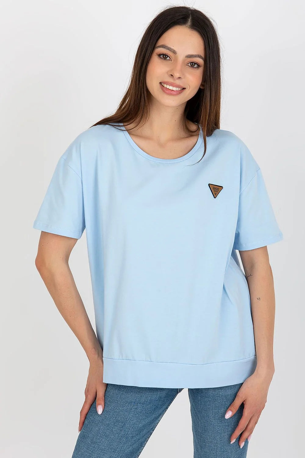 Chemisier pour femme en coton 90% élasthanne 10% coupe ample manches courtes encolure ronde bleu clair logo triangle minimaliste mode Casual