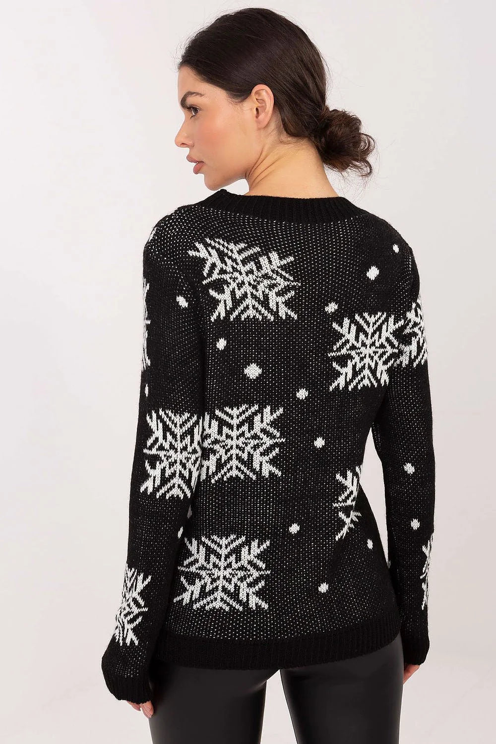 pull femme noir jacquard renne beige rouge flocons blancs col rond manches longues oversize maille épaisse chaude acrylique