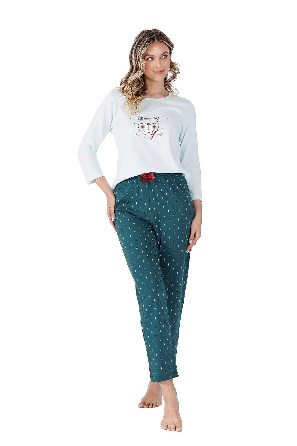 Pyjama féminin confort style design ours motif graphique coton 100% ample manches longues pantalon élastique