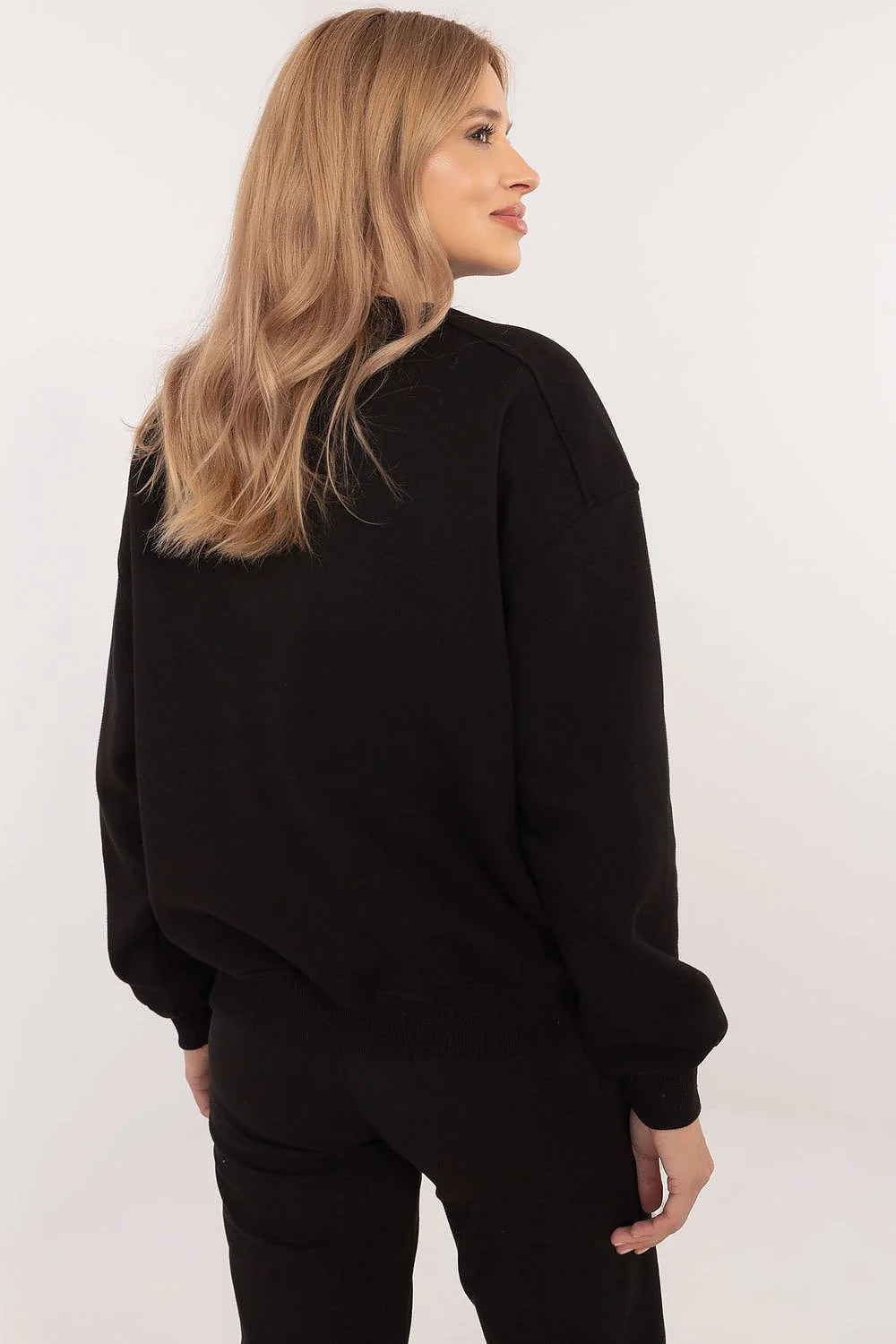 Sweatshirt Femme Style Décontracté Manches Longues Tissu Mixte Coton Polyester Coupe Amples Épaules Tombantes Ourlet Bord-Côte Noire Polyvalente Confort