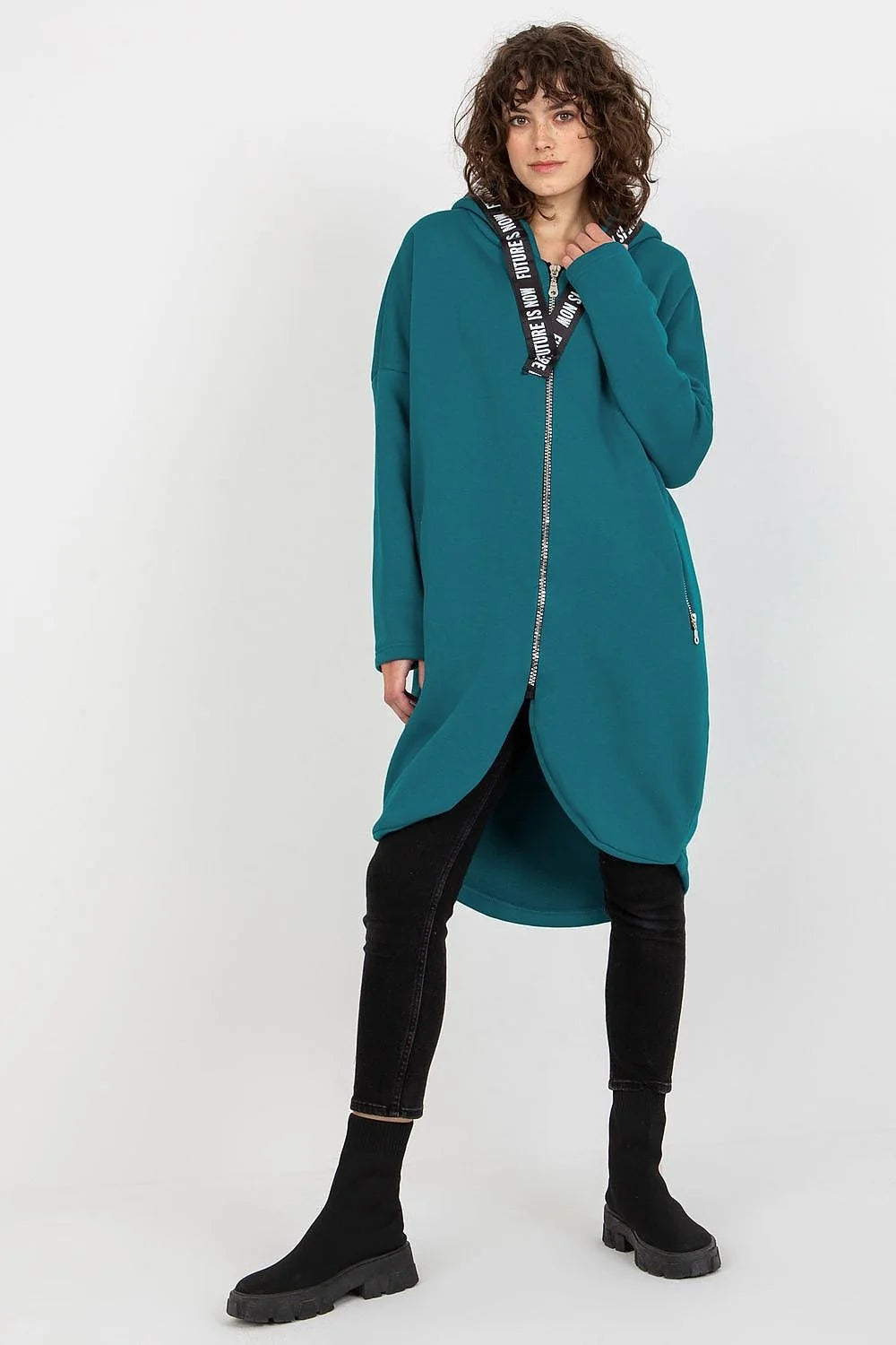 Manteau Femme Style Contemporain Urban Asymétrique Bleu Sarcelle Matière Confortable Coupe Amples Manches Longues Capuche Zippée Poches Latérales Zippées Occasions Daily Casual Chic