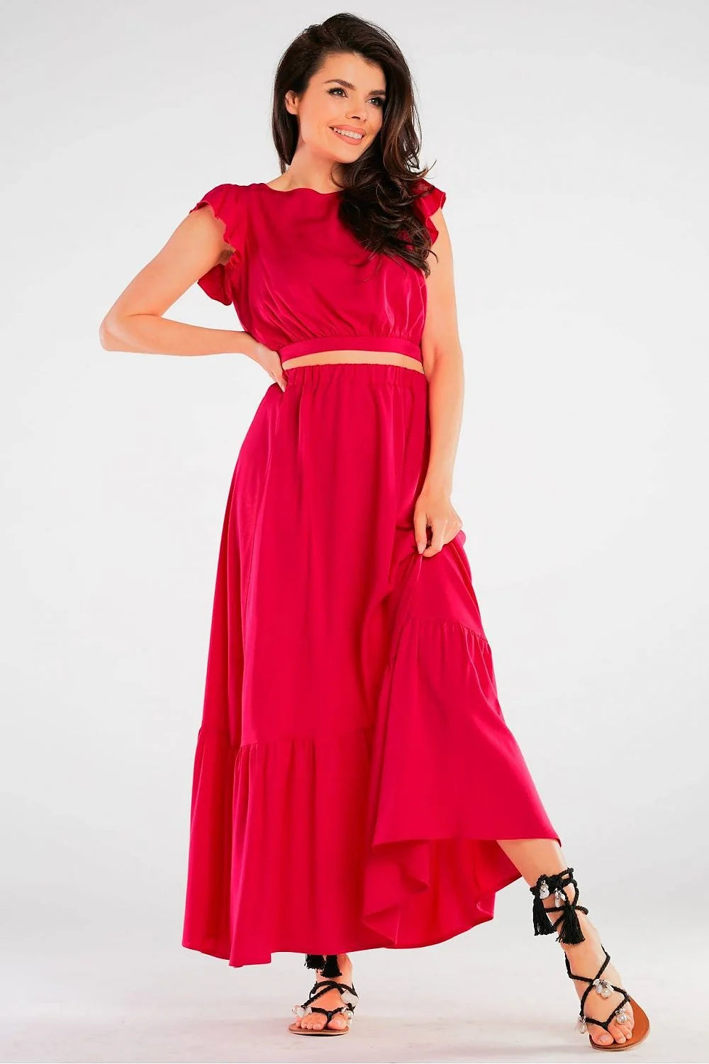 Robe longue élégante rouge viscosé femmes volants manches courtes taille élastiquée dos nu style été