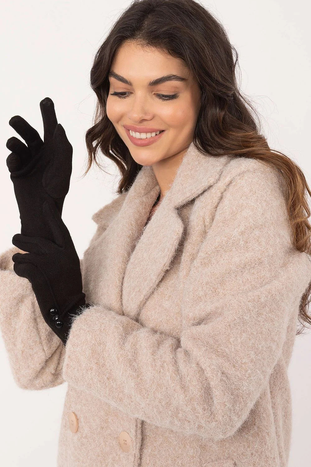 Gants élégants pour femmes en laine noire, boutons décoratifs, broderie index, confort hiver, style intemporel
