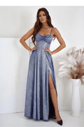 Robe de soirée élégante longue manches courtes encolure cœur fente haute bleu métallique femme