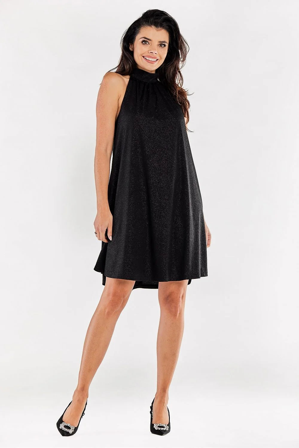 robe soirée courte trapèze fluide fuchsia scintillant col montant plissé halter sans manches plis buste doublure élastique Pologne qualité