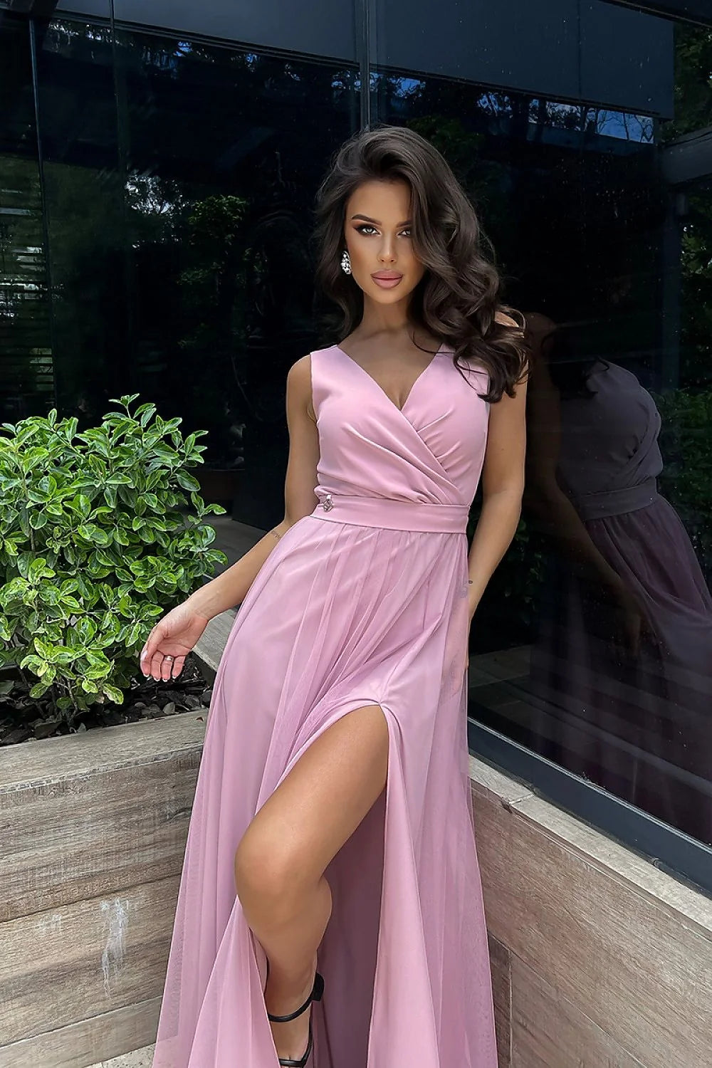 Robe de soirée élégante couleur rose pâle V croisé ceinture taille ajustable femme occasion formelle