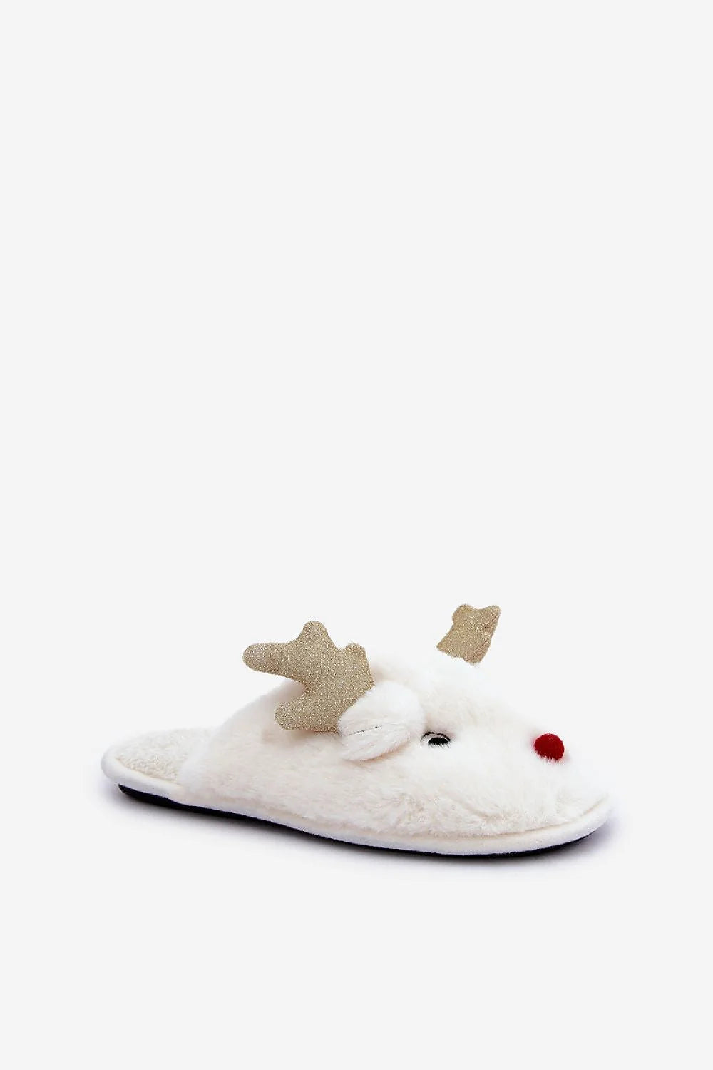 Pantoufles en fausse fourrure blanche à motif renne, style festif, femme, confort hiver, intérieur doux, antidérapant, mules, design ludique