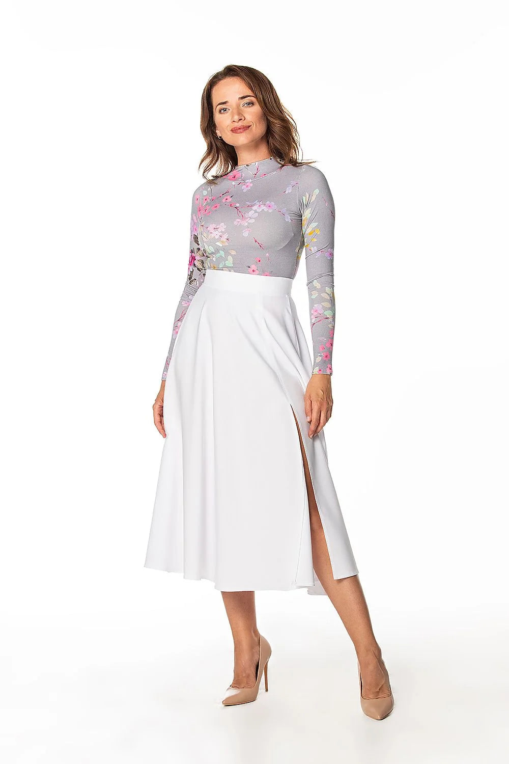 Robe semi-formelle chic à haut floral manches longues jupe midi blanche fente avant taille haute femme